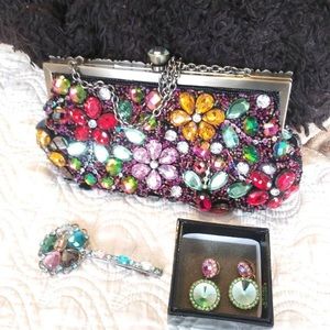 Multi color crystals bag with matching hair pin & Cache earrings. New with tags